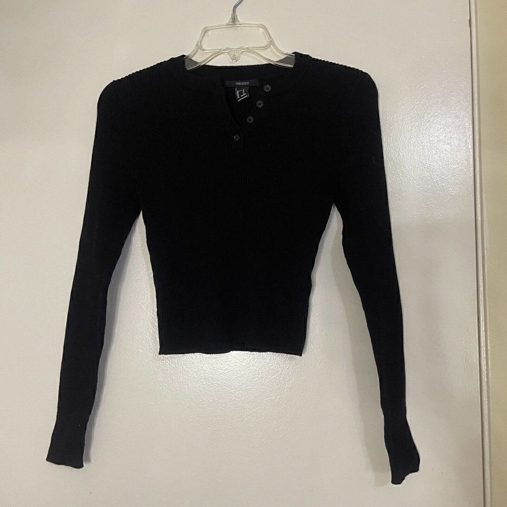Forever 21 cropped black ribbed vneck henley long sleeve size small - Picture 1 of 4